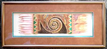 Title: "Spiral Petroglyph Rug".  Size: 9 inches tall by 20 inches wide. Copper annodized aluminum frame. 