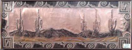 Title: "Arizona Mountains". Size: 34" by 72". Cost: $4995. This piece is copper relief, acid oxidized, wrapped around wood, & sealed with lacquer.