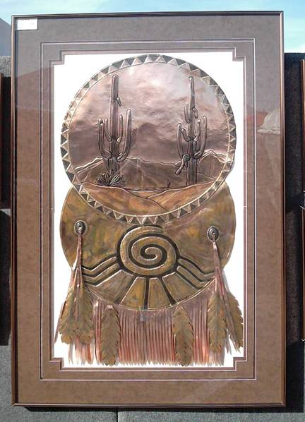 Saguaro Shield, Sun Symbol, Fringe & Feathers  
40 X 60
Saddle & Copper Mat
$2800.00
