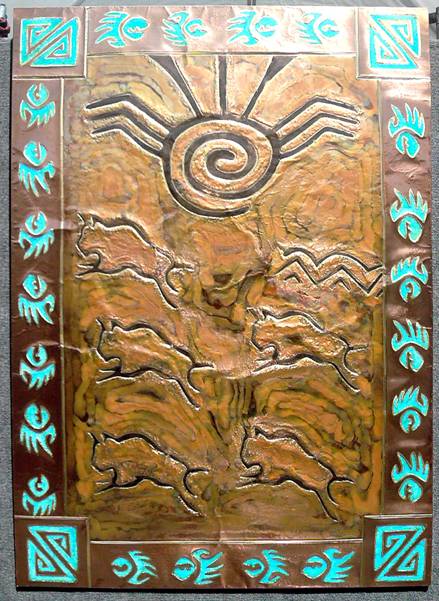  "Five Buffalos With Mountains & Sunburst Petroglyph"
48 X 34
 Copper Relief Wrapped Around Wood.
