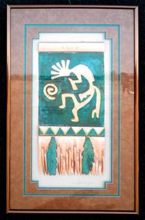 32" by 20" "Kokopelli Rug", Airbrushed Copper & Turquoise Mat