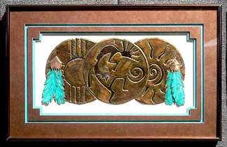 20" X 32", "Kokopelli, Sunburst, & Zia", Airbrushed Copper & Turquoise Mat