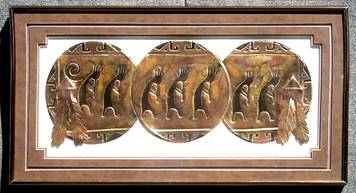 20" by 40" "Seven Kokopellis Three Rings With Feathers", Saddle & Copper Mat