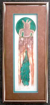 Petroglyph Man Shield With Fringe & Feather
Air Brush Copper & Turquoise Mat
