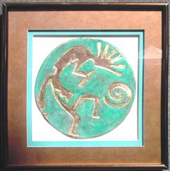 Kokopelli Shield With Spiral,    Airbrushed Copper & Turquoise Mat





