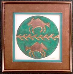 Two Coyotes Shield With Border,    Airbrushed Copper & Turquoise Mat
at





