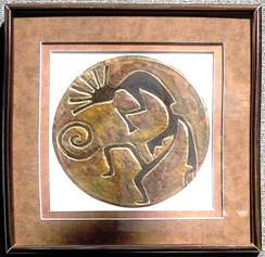 Kokopelli Shield With Spiral,    Saddle & Copper Mat





