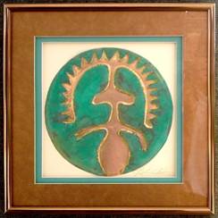 Petroglyph Man With Big Headdress Shield ,    Airbrushed Copper & Turquoise Mat








