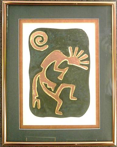 Kokopelli Panel With Spiral,
Green & Copper Mat
