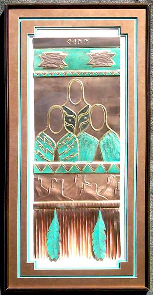 Three Maiden Rug With Two Feathers & Mesas, 40X20
Airbrushed  Copper & Turquoise Mat
