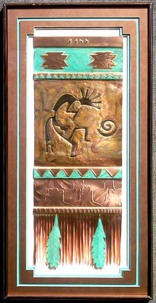 Kokopelli Rug With Two Feathers & Mesas, 40X20
Airbrushed  Copper & Turquoise Mat
