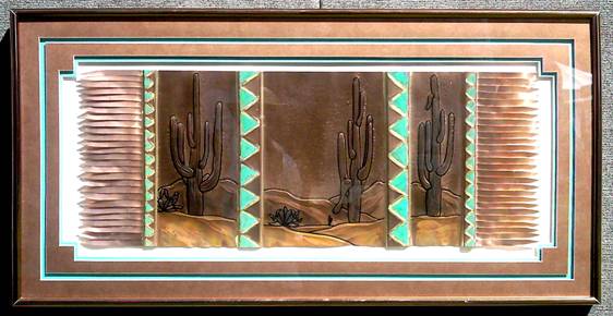 Three Saguaros With Turquoise Bands  20 X 40
Airbrushed Copper & Turquoise Mat
