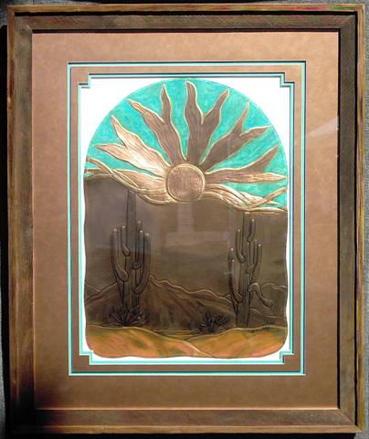 Saguaros & Sunburst  
40 X 32
Airbrushed Copper & Turquoise Mat With Barn Wood Frame.
$975.00
