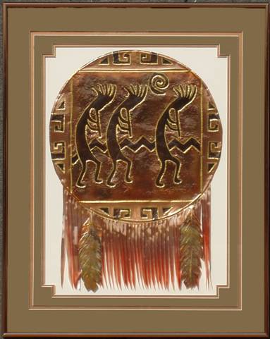 Kokopellis Shield with Fringe & Feathers  
40 X 32
Sage & Copper Mat
$875.00
