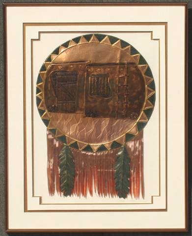 Pueblo Shield with Fringe & Green Feathers  
32X40
Black & Turquoise Mat
$875.00
